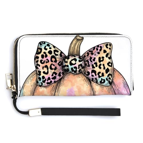 Pumpkin with Leopard Print Coquette Bow PU Leather Clutch Long Bifold Wallet, Coin Purse Credit Pass Case, Durable Card-Holder Money Storage for Women Men