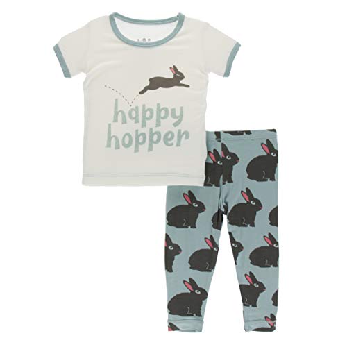 KicKee Pants Graphic Print Short Sleeve Pajama Set, Ultra Soft and Snug Fitting PJs, Matching Top and Bottom Sleepwear Set, Newborn to Baby to Kid Pajamas (Jade Forest Rabbit - 6 Years)