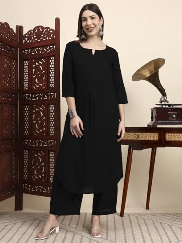 Image of idaLia Rayon Solid Straight Brown Kurta Set for Women with Palazzo 3 /4 Sleeve, Round V Neck Designer Kurta with Palazzo Pant Set