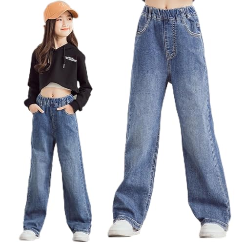 Girls Jeans Wide Leg Baggy Denim Pants Distressed Elastic High Waist Ripped Pants with Pockets Casual Kids Streetwear