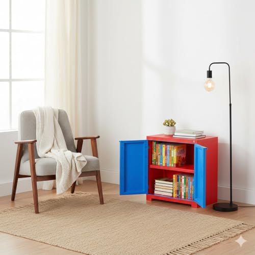 Image of Cello Novelty Compact Bookshelf, Red & Blue | 2 Dustproof Doors | Space Saving Cupboard | Plastic Book Shelf | Multipurpose Book Shelf for Home, Office | Book Organizer for Library