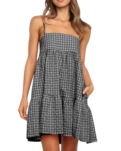 Image of Womens Summer Plaid A-line Sleeveless Casual Flowy Mini Sundress | Spaghetti Strap,Gingham Y2K,Maternity,Vacation,Country Concert,Short Dresses,with Pockets