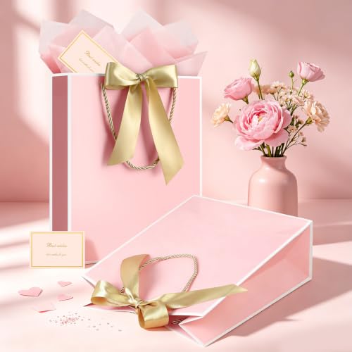 Image of JMANNI Gift Bag, 1PCS Gift Bags Large with Ribbon and 1 Greeting Cards 2 Tissue Paper, Portable Paper Gift Bag with Handles, Birthday Gift Bags,Present Bags for Wedding Party Mothers Day(Pink-White)