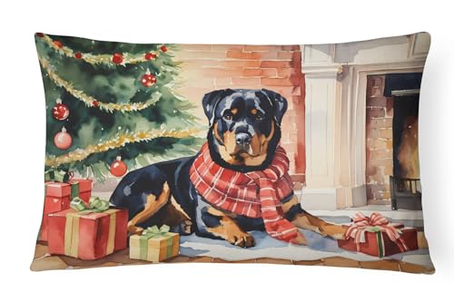 Caroline's Treasures DAC2736PW1216 Rottweiler Cozy Christmas Throw Pillow Machine Washable, Indoor Outdoor Decorative Pillow for Couch, Bed or Patio, 12HX16W