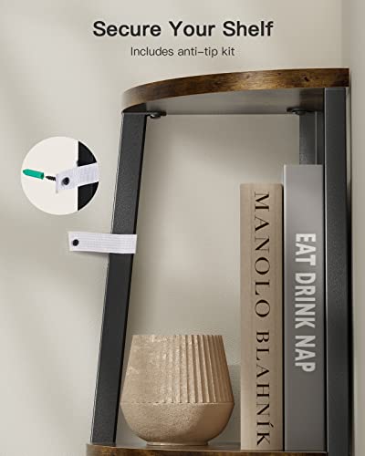 Pipishell Corner Shelf, 5 Tier Bookshelf Bookcase, Industrial Corner Bookshelf Plant Shelf For Bedroom, Living Room, Office, Kitchen, Display Shelf & Storage Ladder Corner Shelf, Rustic Brown #TOP2