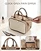 Prite Makeup Bag for Women, Large Capacity Waterproof Travel Cosmetic Organizer, Portable Open Flat Toiletry Bag with Free-standing Brush Holder and Handle(Beige Brown Large)