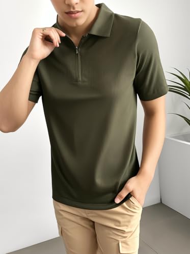 Image of Mack Jonney Ribbed |Regular Fit | Half Sleeves 100% Cotton Polo Neck Self Design with Zip T-Shirt for Men-M826