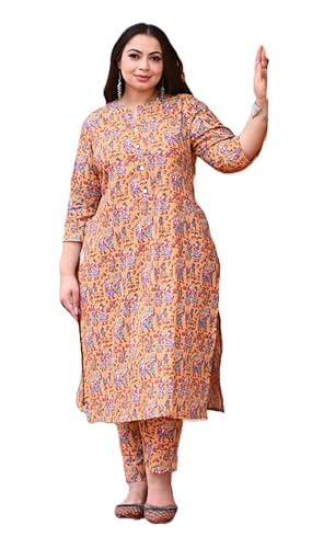 HV ATTIRE Plus Size Printed Cotton Straight Kurta With Pant || Plus Size Katha Madhubani Art Printed Cotton Kurti With Pant (IN, Alpha, 5XL, Plus, Yellow)