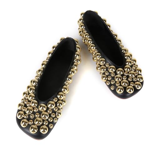 Saint Leia Women's Black Ballet Flats Shoes with Gold Silver Pearls Ideal for Work Parties Everyday Wear3