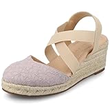 Journee Womens cushioned footbeds Ashlee wedge heel espadrille sandal soft fabric uppers ankle strap sandal round-toe Lilac, 7.5 Wide