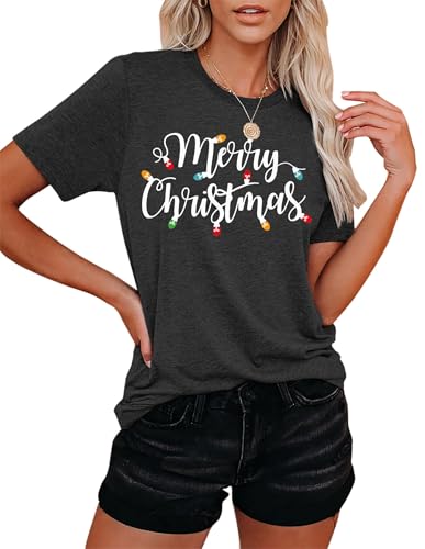 hohololo Merry Christmas Light Shirt for Women Xmas Tshirt Top Short Sleeve Christmas Lights Print Graphic Tops (Grey-a,S)