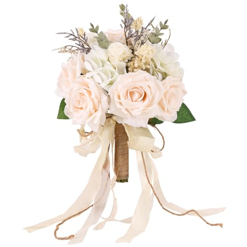 CEWOR Wedding Bouquets for Bride Bridesmaid White Champagne Artificial Roses Flowers Wedding Decoration (10in)