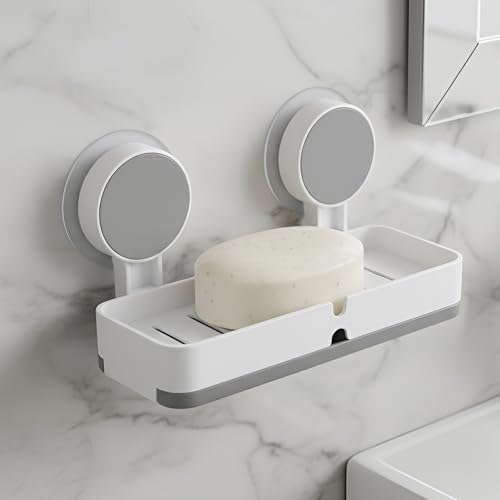 iBELL Soap Stand for Bathroom | Non-Perforated Soap Dish | Hollowed-Out Soap Holder with Removable Drain Plate | Keeps Soap Dry | White | Adhesive Included | IBL 03-SS