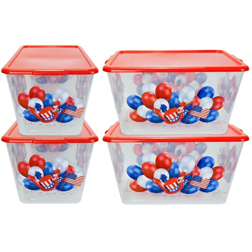 Image of SIMPLYKLEEN Storage Totes with Lids 4PC - Made in USA 14.5-Gallon Colorful Printed Decorative Design Storage Boxes Storage Bins with Lids Plastic Storage Containers for Organizer Red /Patriotic Balls