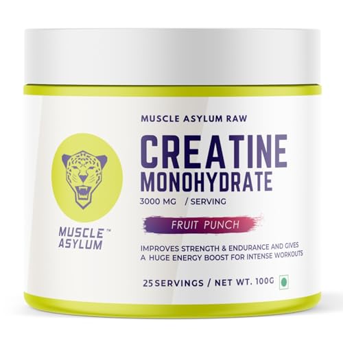 Image of Muscle Asylum Creatine Monohydrate Fruit Punch Flavour 100g | 3000mg Creatine Per Serving | Pre Workout & Post Workout Supplement for Strength, Energy & Endurance | Micronized Creatine Powder for Men & Women | Lean Muscle Recovery & Gym Performance Booster | 25 Servings