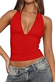 LCNBA Women's Sexy Backless Tie Up Halter Crop Top Deep V Neck Going Out Tops Red Small