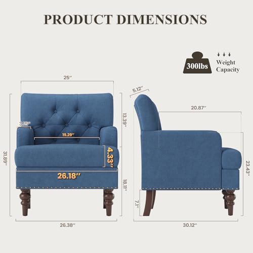 Image of MALOL Upholstered Accent Chairs Set of 2, Mid Century Modern Living Room Bedroom Reading Chair with Thick Cushion & Solid Rubberwood Legs, Comfy Armchair for Small Spaces, Blue