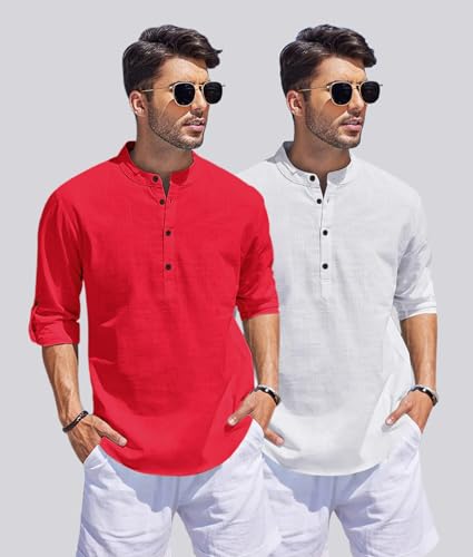 Image of Men's Cotton Blend Straight Kurta Shirt Combo with Mandarin Collar - Slim Fit Casual Short Kurti Set Featuring Textured Slub Fabric and Roll-Up Full Sleeves