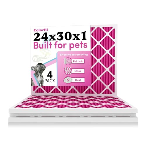 Image of 24x30x1 Air Filter by Colorfil | Color Changing Filters for Cat and Dog Odor | MERV 8 Furnace AC Filter for Pet Hair and Dust | 23.9 inchx29.9 inchx0.75 inch Exact Size | Pack of 4