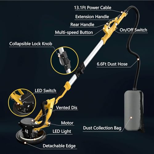 Image of 1250W Drywall Sander, 11.5A Electric Drywall Sander with Vacuum Dust Collection, 5 Variable Speed 800-1800RPM, Popcorn Ceiling Removal Tool with Extendable Handle, LED Light, 18pcs Sanding Discs