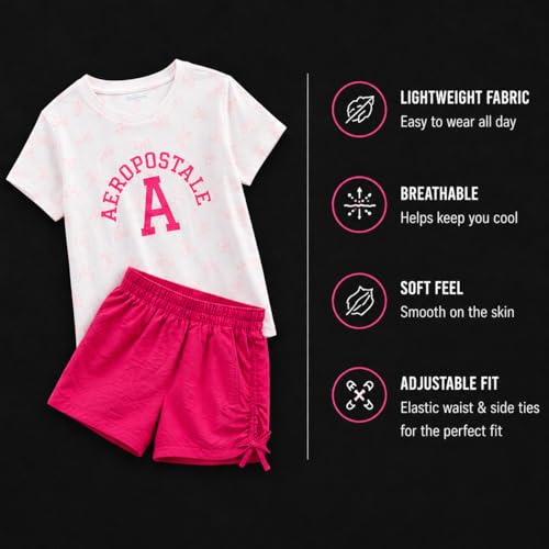 Image of AEROPOSTALE Girls Shorts Set - 2 Piece Soft Short Sleeve Graphic Tees and Twill or Denim Shorts Summer Outfits for Girls