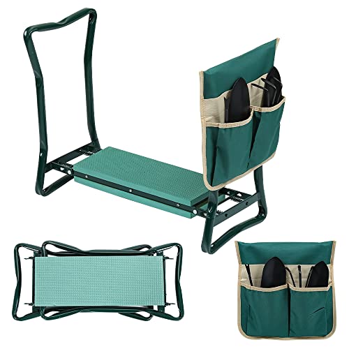 Cecaylie Tabourets de Jardinage, Banc de Jardin, Tabouret de Jardin, avec Coussin en Mousse EVA, Tapis de Jardin, 59 x 49 x 28 cm, Banc de Travail Portable avec Sacs à Outils et Outils de Jardin Cover