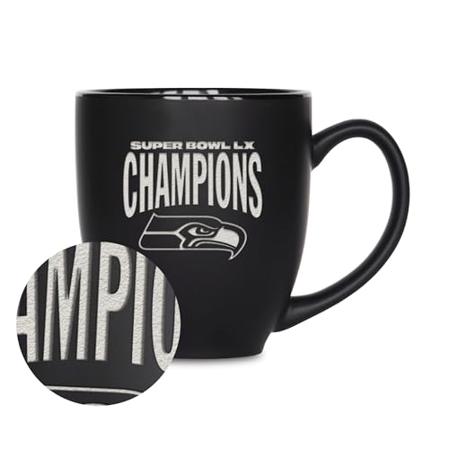 Rico Industries NFL Football Seattle Seahawks 2026 Super Bowl LX Champions 15oz Laser Engraved Matte Black Ceramic Bistro Mug - For Hot or Cold Drinks