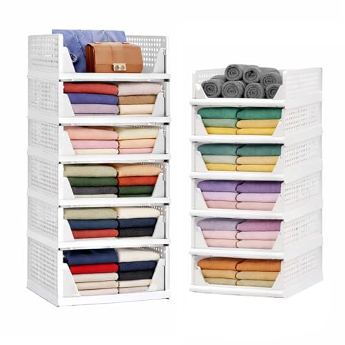 Image of Go Hooked Foldable Wardrobe Organizer with Drawer Style Pull Out Design | Pack of 12 (6Large+6Small) 44x34cm Shelf Storage Box | Heavy Duty Plastic Shirt Stacker for Cupboard, Almirah & Closet | White
