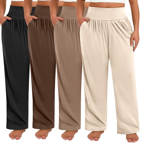 4 Pack Women's Plus Size Sweatpants Wide Leg High Waist Cotton Yoga Pants Casual Baggy Jogger Trousers with Pockets