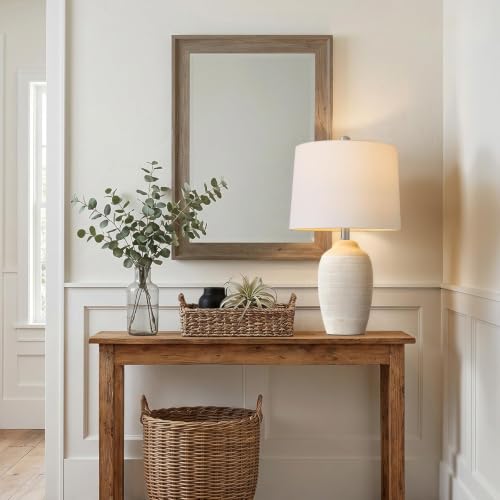 Image of 24.5 inch Ceramic Table Lamp for Living Room with Pre-Attached Shade | Single Beige Bedside Lamps, Hand-Textured Farmhouse Vintage Table Lamps for Bedroom Nightstands, Rustic Home Decor, 5FT Cord