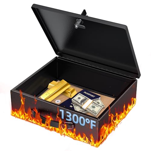 Uniclife Caja de documentos ignífuga con cerradura de llave y asa, 32,5 x 27 x 10 cm, caja de seguridad grande para papel A4, caja de seguridad resistente al agua para objetos de valor