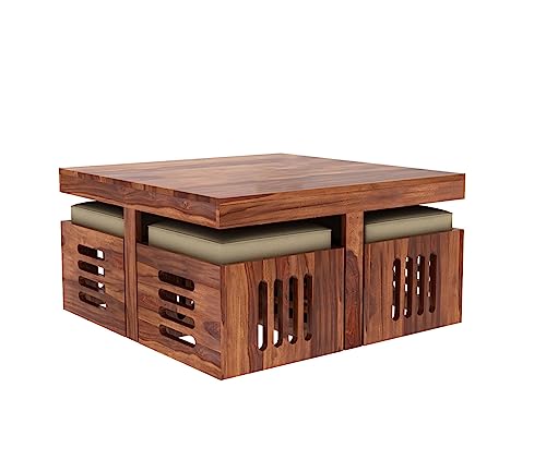 Image of Craft D Arts Sheesham Wood Coffee Table with 4 Stools - Small Brown Wooden Center Table for Living Room (Provincial Teak)