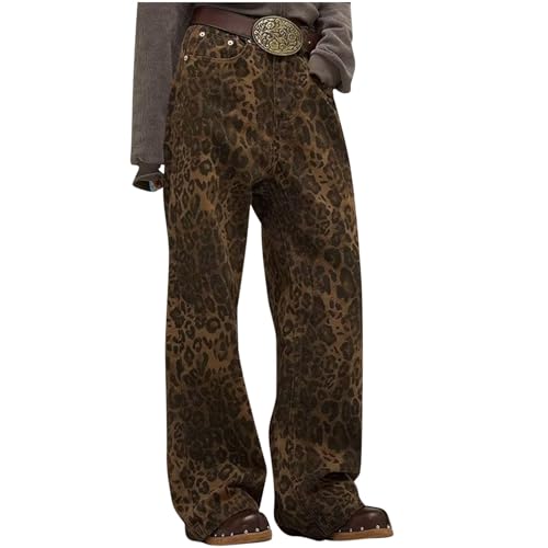 Y2k Leopard Print Jeans for Women Cheetah High Waisted Wide Leg Pants Various Style Trendy Streetwear （Plus Size）