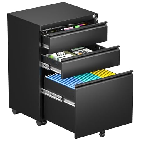 Incbruce 3 Mobile Drawer File Cabinet with Wheels, Metal File Storage Cabinet with Lock, Filing Cabinet Under Desk for Home Office, Easy Assemble (Black) Cover