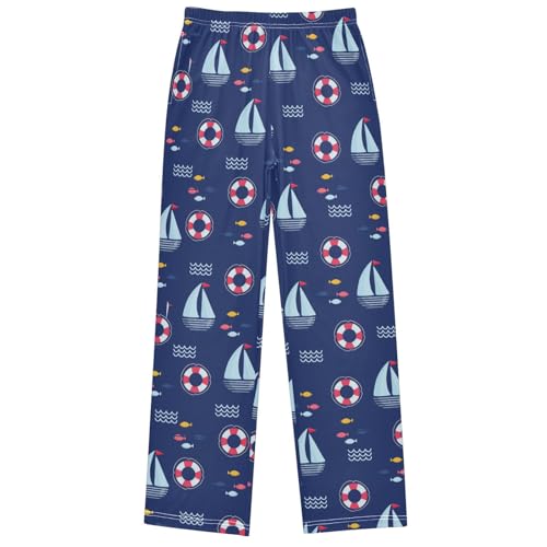 Boy's Pj Pants Ship Life Buoy Fish Dark Blue Lounge Bottoms Elastic Kids Sweatpants Joggers with Pockets Size 6-14