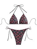 SOLY HUX Women's Bikini Sets Cherry Print Halter Triangle Tie Side Bathing Suits 2 Piece Swimsuit Black Cherry Print M