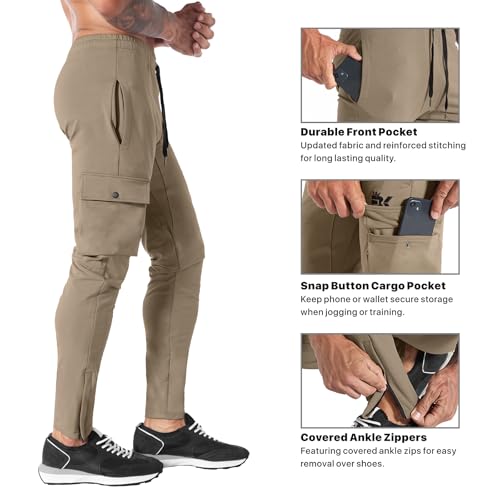 BROKIG Mens Cargo Gym Jogger Trousers, Running Tracksuit Bottoms, Sport Workout Sweatpants with Pockets (S, Beige) - Image 2