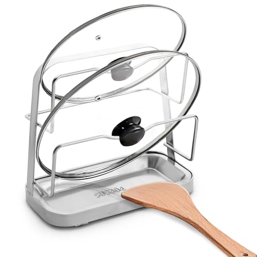 LELE LIFE Pot Lid Holder, Pot Lid Organizer 304 Stainless Steel, Pan Cover Spoon Rest and Cutting Board Holder Stand, Pot Lid Rack for Stove Top with Suction Cup & Drip Tray
