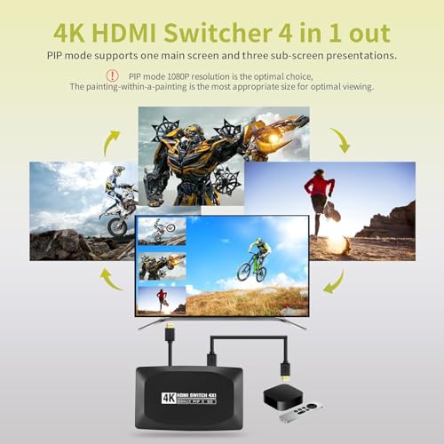 HDMI Switch 4 in 1 Out, Tendak 4K HDMI Switch Box with Remote Control & PIP, 4 Port HDMI Switcher Selector Support 4K@30HZ, 1080P@120HZ,3D, Compatible with PS5/4/3, DVD - Thumbnail 3