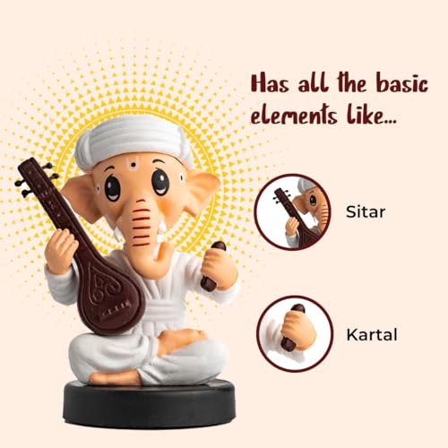 Image of Ganesh Idol for Car Dashboard Bobblehead, Home Decor Items for Living Room, Office Desk, Ganpati Murti for Gifting, God Statue for Good Luck, Superhero Action Figure, Sitar and Kartal, White