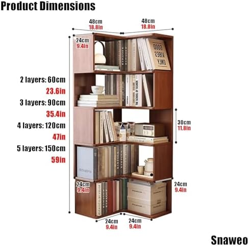 5-Tier Solid Wood Corner Shelf Stand - Modern Open Display Bookcase for Office & Living Room - Multi-Purpose Storage Solution, Stylish Corner Organizer