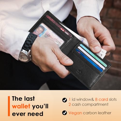 Image of RUNBOX Wallet for Men Slim Leather Bifold RFID Blocking Minimalist Front Pocket Design with Gift Box | Minimalist Front Pocket Design, Holds 8 Cards, RFID Protection, Gifts for Men on Birthdays, Father's Day, and Christmas