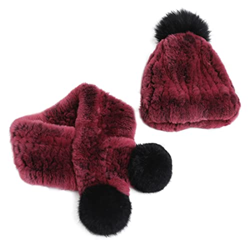 DAISHA Women's Winter Rex Rabbit Fur Knit Thick Skull Beanie Hat w/Pom + Scarf for Baby Children Birthday Christmas New Year.
