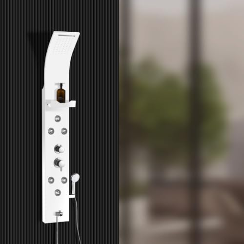 Image of Jaaz Hydra Aluminum Shower Panel for Bathroom Full Set with Rain & Waterfall Overhead Shower, 6-Body Jets, 5-Function Mixer & Diverter, Shampoo Rack, Hand Shower & Tub Spout (1, White)