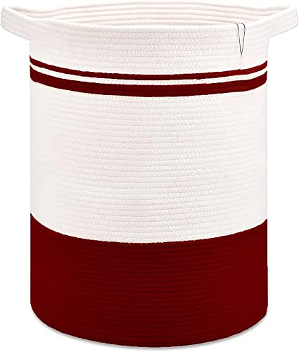 Image of Laundry Basket For Storage, High Storage Basket, Laundry Hamper With Handles, 15X 17, Cotton Rope Storage Hamper, Woven Laundry Baskat, Toy,Clothes And Woven Basket (Red)