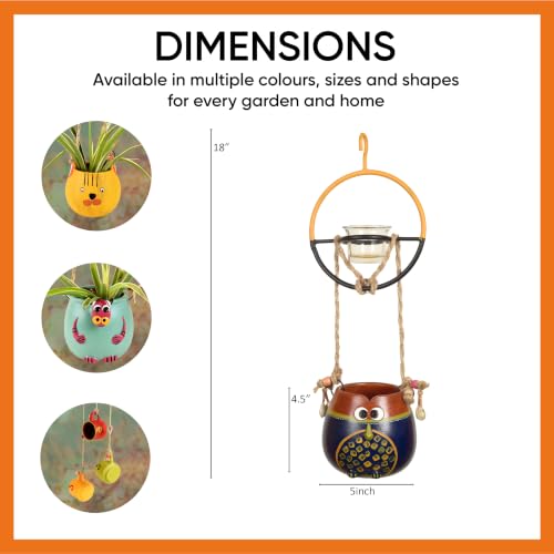 Image of AAKRITI ART CREATIONS Terracotta Hanging Planter with Metal Bird Feeder | Blue & Brown Earthen Design, Modern Art, Matte Finish | Decorative Hanging Pot for Indoor & Outdoor Home Decor