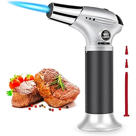 Fostoy Kitchen Blow Torch, Adjustable & Refillable Butane Gas Torch Lighter with Safety Lock for Creme Brulee, BBQ, Cooking, Soldering, Butane Gas Not Included Cover