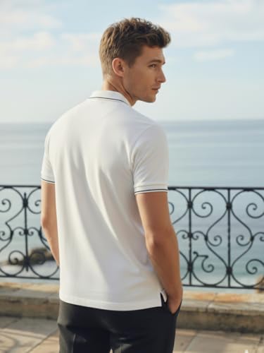 Image of Louis Philippe Men's Slim Fit Single-Tuck Pique Stylized Sleeve Print and Contrast Tipping Half Sleeve Solid Polo Tshirt