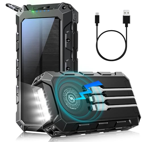 Solar Powerbank 52800mAh, PD 30W 3.0A USB C Power Bank Schnellladen mit 4 Kabeln, 3 Port (2 USB & 1 Type-c), 15W Wireless Charger, LED Leuchtanzeigen, Taschenlampe, Externe Handy-Akkus für Outdoor