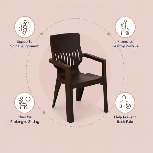 Image of Nilkamal Ortho Comfort Plastic Chair with Arm | 3 Year Warranty | Stackable Chair for Home, Living Room, Dining Room, Cafe & Balcony | Ergonomic Back Support | Indoor & Outdoor Use | Season Rust Brown